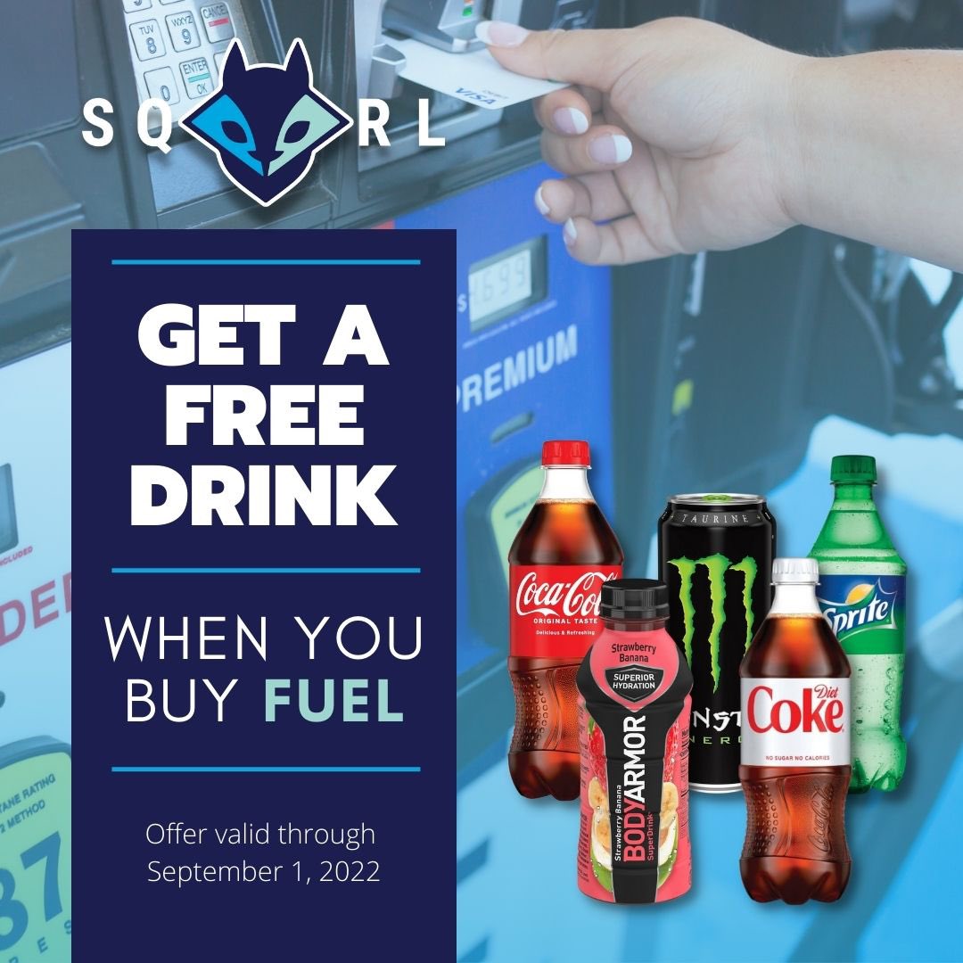 project_sqrl's tweet photo. Fuel up and get a FREE drink.🥤Now through September 1st when you buy gas, get a soda or coffee on us! https://t.co/2Q3g7TADG4