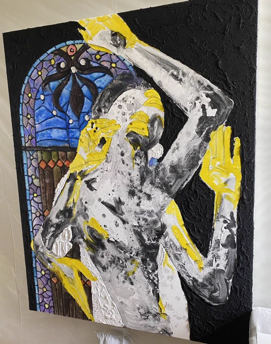 What I'm working on now. Painting the yellow part to be skin tomorrow and add in the charcoal. 
