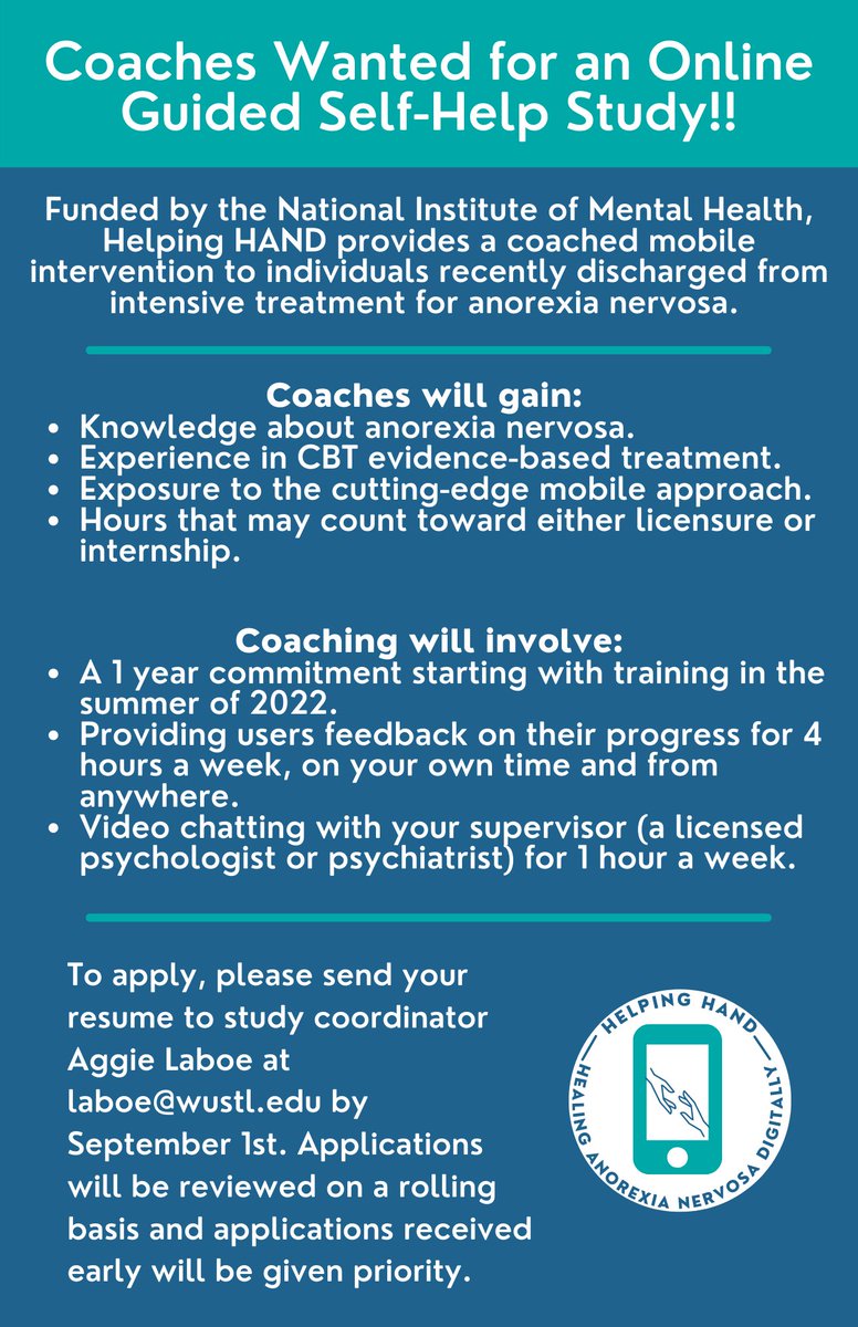 Attn #EDECR! Exciting opportunity to work with my team to coach a digital guided self-help program for women with AN being deployed as part of <a href="/NIMHgov/">National Institute of Mental Health (NIMH)</a> funded study. Great experience w/ tech, industry, CBT, &amp; gsh. Please RT &amp; see flyer for more details, inc how to apply!