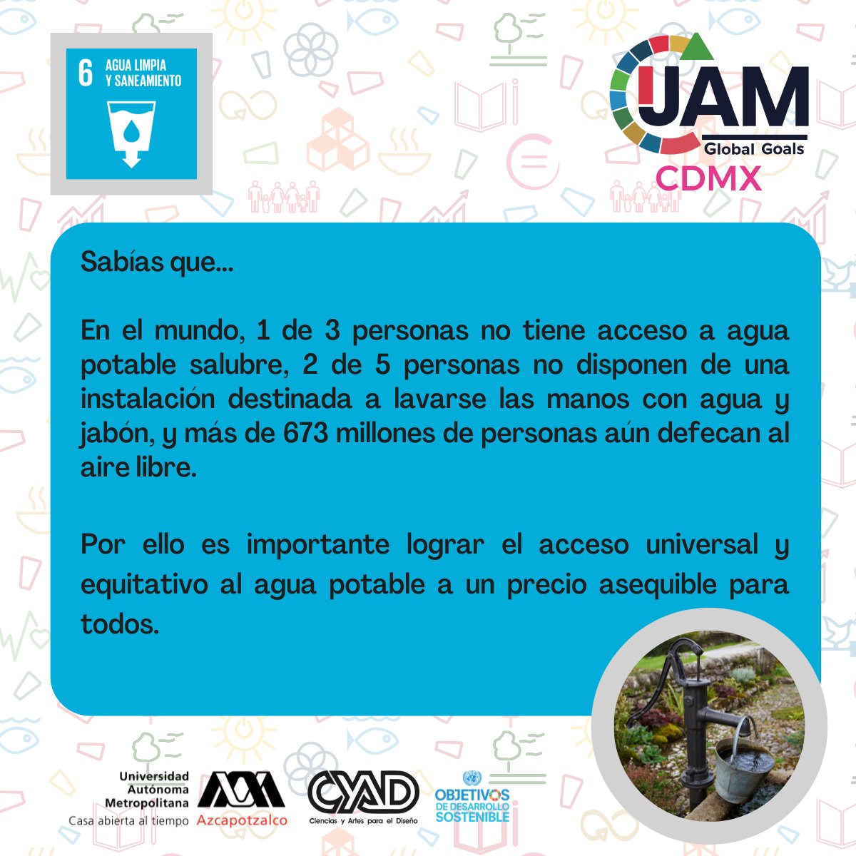 GlobalGoalsCDMX's tweet photo. La Agenda 2030 plantea 17 Objetivos con 169 metas de carácter integrado e indivisible que abarcan las esferas económica, social y ambiental.
¿Sabías esto sobre el objetivo número 6 de la agenda 2030? 🙂 

#globalgoalsjamcdmx #GlobalGoals #Design2030Now #Agenda2030 #diseño #ODS https://t.co/hWFAXcBkxf
