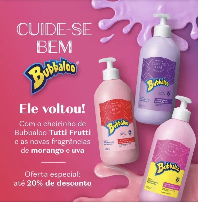 ✨ NOVIDADES DA SEMANA ✨

Pra quem amou a linha Bubbaloo Tutti Frutti do <a href="/oBoticario/">Boti Real Oficial</a> veio aqui novas fragrâncias de UVA e MORANGO! 💖
As linhas contam com produtos pra corpo, lábios e cabelo e com o precinho amigo que gostamos 😎