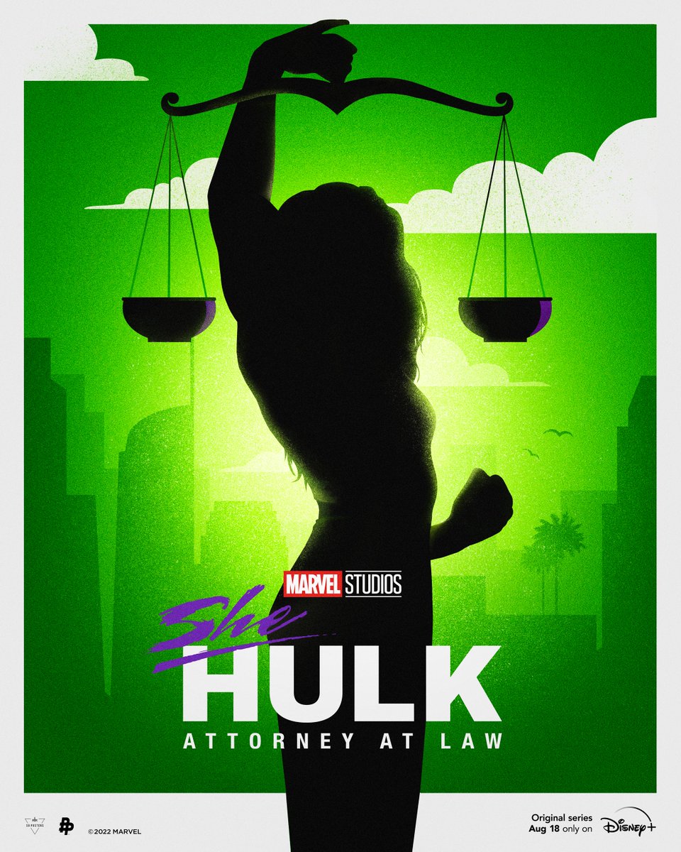 MarvelStudios's tweet photo. It's all about balance ⚖️

Marvel Studios' #SheHulk: Attorney at Law, an Original series, starts streaming Thursday on @DisneyPlus. Art by: @SG_Posters https://t.co/JAad5xPlyq