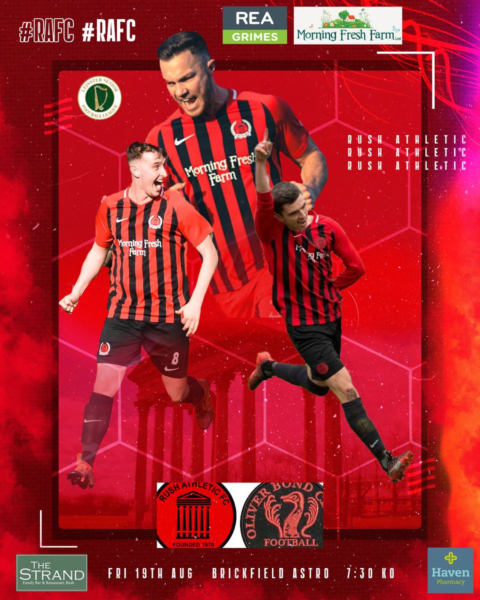 We are back <a href="/RushAthleticFc/">Rush Athletic Senior</a> <a href="/RushTourism/">Rush Tourism</a> <a href="/RushTidyTowns/">Rush Tidy Towns</a> <a href="/oliverbondfc1/">oliver bond fc</a> . Very tough opener, looking forward to it already. Best of luck lads ❤🖤❤🖤 <a href="/LSLLeague/">Leinster Senior League</a> #lsllivescore. We hope to stream it live folks. Look out for updates