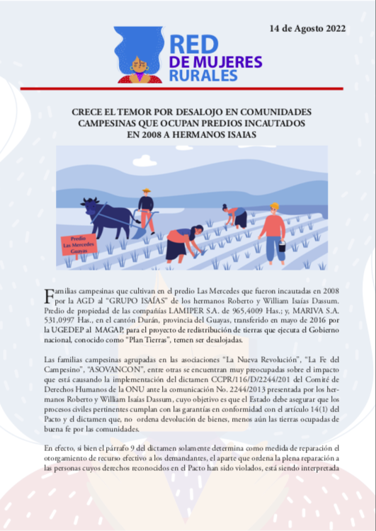 Redmujeresrural's tweet photo. ⚠️Boletin: Comunidades predio #LasMercedes (Guayas) están preocupadas por el impacto que está causando la implementación de dictamen de Comité de DDHH-ONU frente a #CasoIsaias. Temen desalojo de sus tierras inventariadas x #PlanTierras desde 2008 #TierraParaQuienesLaTrabajan https://t.co/cz5tFQU6FW