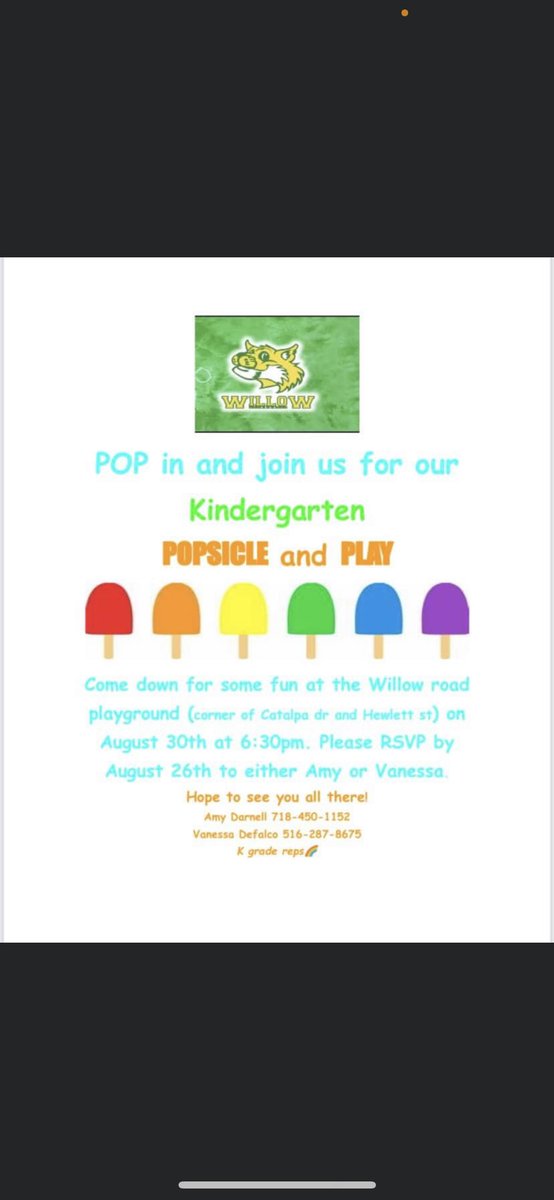 We are excited to announce the first PTA event for incoming kindergartens!! This will be a fun meet and greet for the kids and parents. We hope everyone’s able to make it!! Please RSVP to Amy or myself.  We are looking forward to meeting you all!