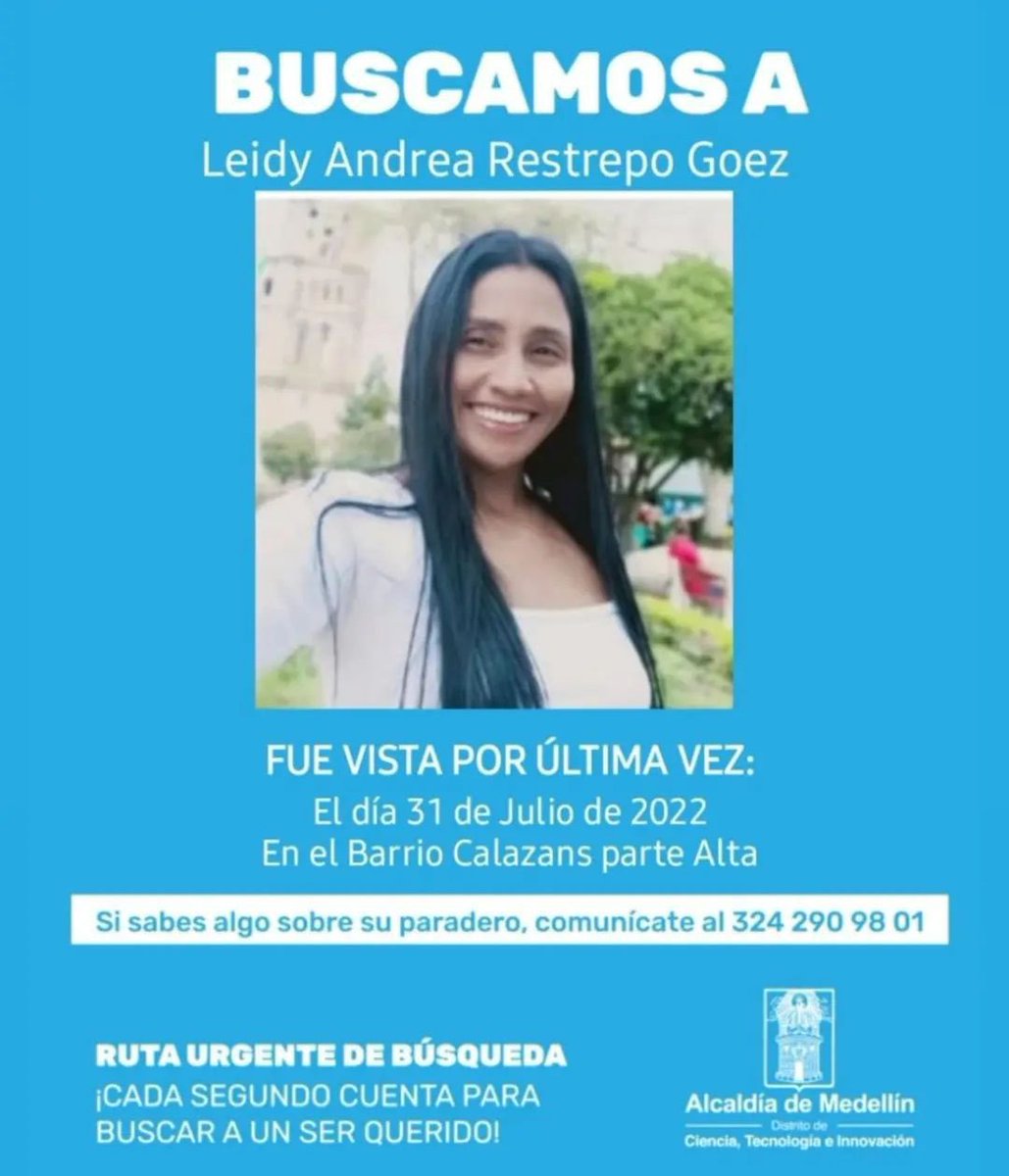 AbadColorado's tweet photo. ¿Se imaginan q deben estar sintiendo familiares de Leidy Restrepo al ver q la ciudad sigue de fiesta cuando su hija, una madre y hermana está desaparecida y poco se hace por encontrarla? ¡No es una sola mujer, son varias y hay q encontrarlas!#MedellínAquíTodoFlorece @FiscaliaCol https://t.co/1W7rcpIfSO