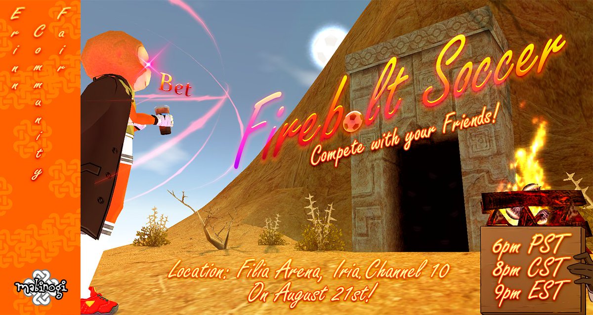 MabiErinnFair's tweet photo. What's better than a good game of soccer? A great game of Firebolt soccer!

Bring your best shot to this competitive game where you race against the clock and another team to be the first to score a goal with Firebolt.

Get ready for the ultimate test of teamwork!🔥⚽🥅
#mabinogi https://t.co/IGEPaXpz7t
