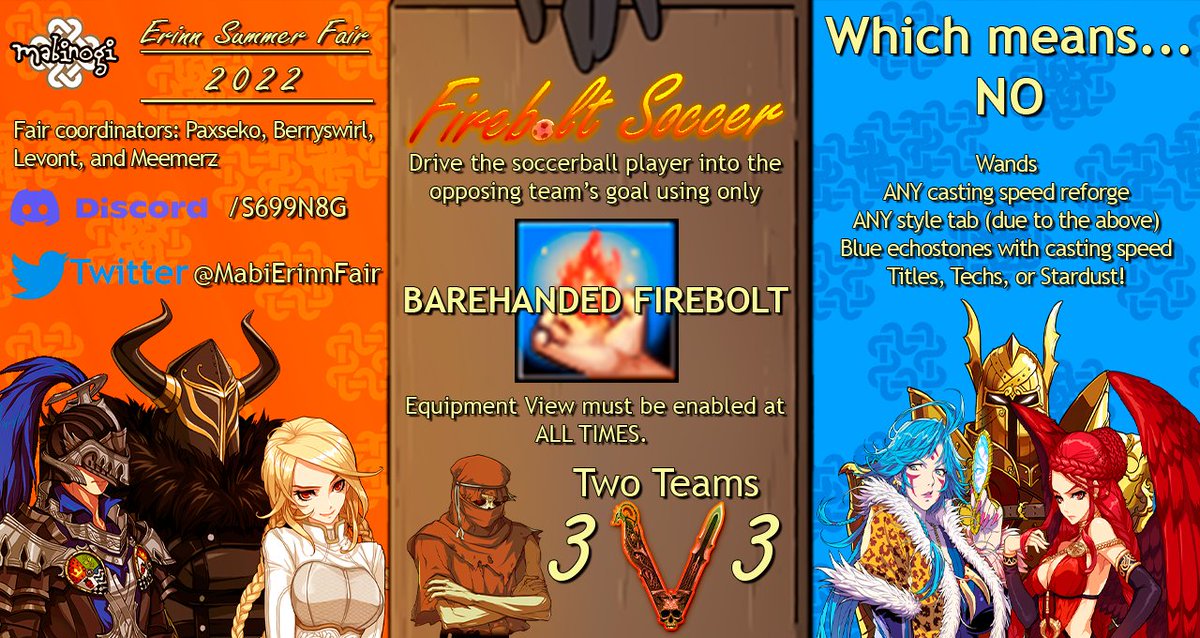 MabiErinnFair's tweet photo. What's better than a good game of soccer? A great game of Firebolt soccer!

Bring your best shot to this competitive game where you race against the clock and another team to be the first to score a goal with Firebolt.

Get ready for the ultimate test of teamwork!🔥⚽🥅
#mabinogi https://t.co/IGEPaXpz7t