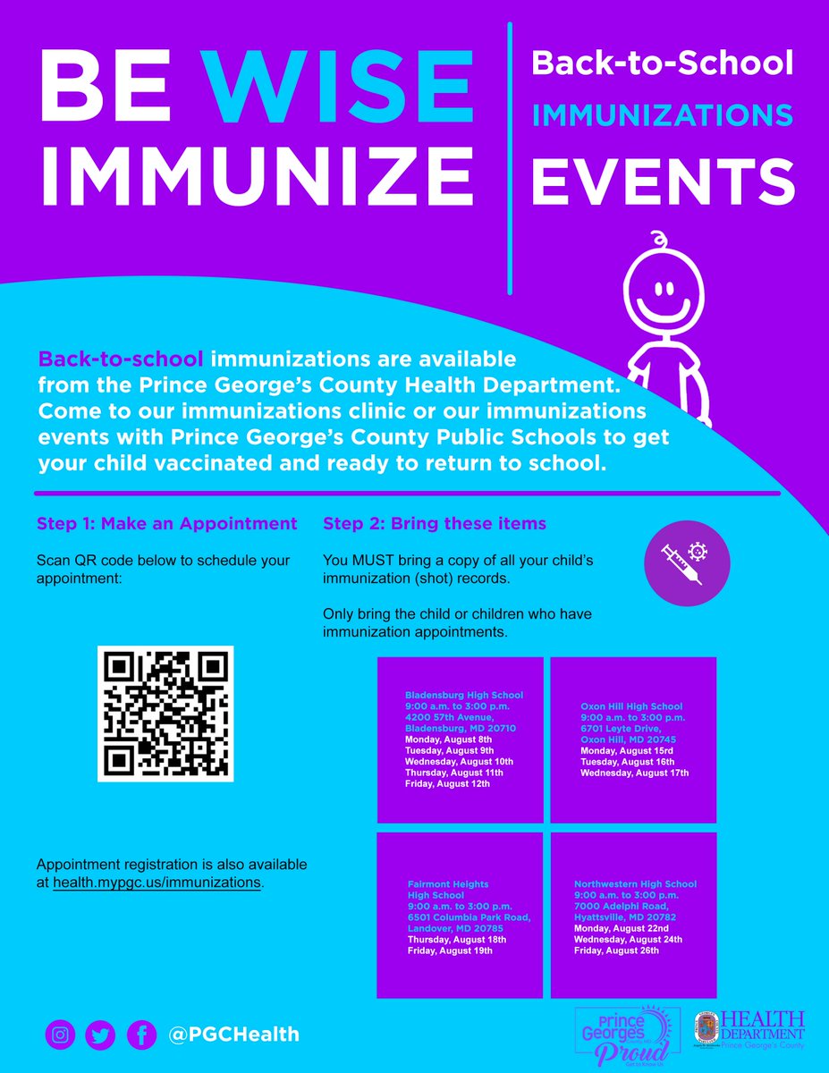 pgcps's tweet photo. Need back-to-school immunizations? Make an appointment at our free clinic at Oxon Hill High School Tuesday, Aug. 16 or Wednesday, Aug. 17, 9 a.m. - 3 p.m.
https://t.co/kuamIs2PAt https://t.co/xBEnFY30ji