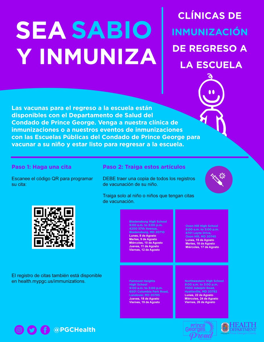 Need back-to-school immunizations? Make an appointment at our free clinic at Oxon Hill High School Tuesday, Aug. 16 or Wednesday, Aug. 17, 9 a.m. - 3 p.m.
health.mypgc.us/immunizations