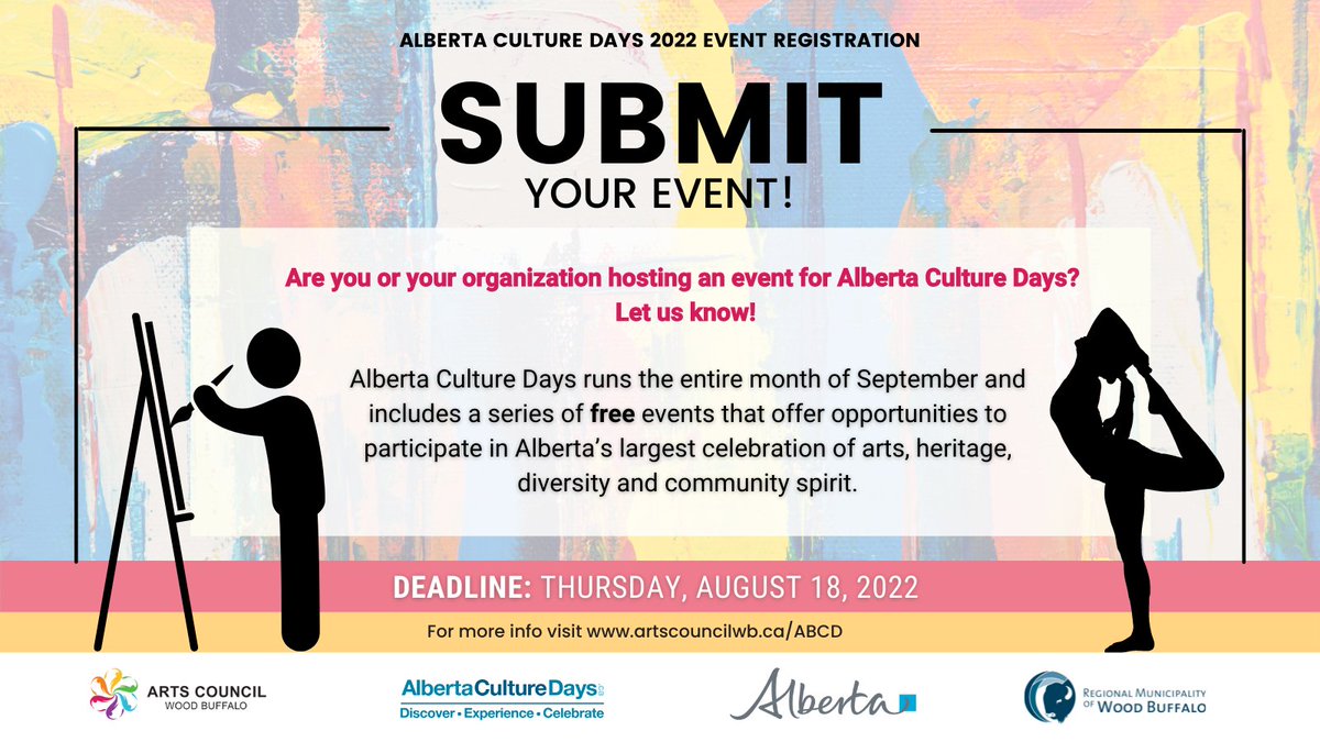 ArtsCouncilWB's tweet photo. Have you submitted your local Alberta Culture Days event in September? We are putting together a list of events to be shared on our website and social media!
Submissions are due TODAY! https://t.co/GujFTP2J0h
#ABCD2022 #YMMArtsTogether #ACWBeCreative https://t.co/qT4V70bn4Y