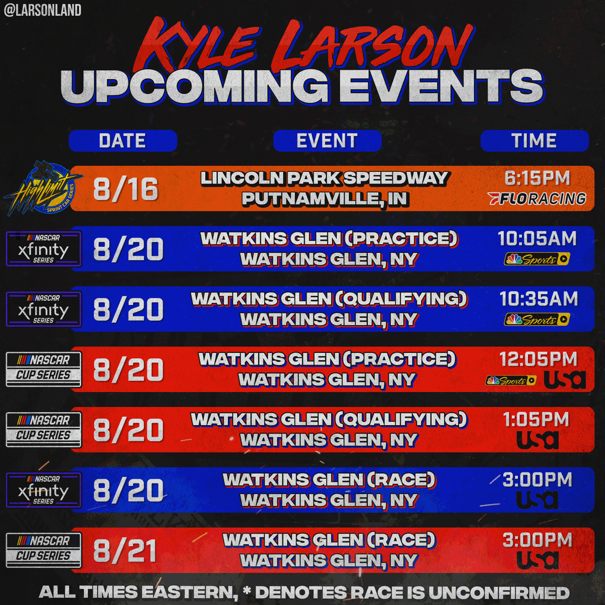 LarsonLand's tweet photo. Here's a look at Kyle Larson's confirmed events over the next week! Nothing yet on if Kyle will race with the All-Star Circuit of Champions Sprints in New York, but we will keep you updated.
#kylelarson #yungmoney #nascar #xfinity #nextgen #sprintcar #highlimitsprints #dirttrack https://t.co/Dqg5zZEOQL