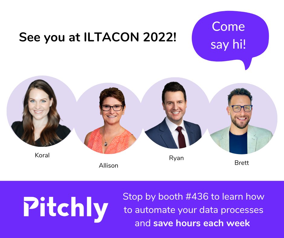 pitchlyinc's tweet image. In less than a week, we&apos;ll be hitting the exhibition hall at #ILTACON2022. Our team can&apos;t wait to share the innovation happening at Pitchly! Stop by booth #436 and say hi! 

#DataEnablement #DataInnovation #ILTA2022 #legaltech @ILTANet