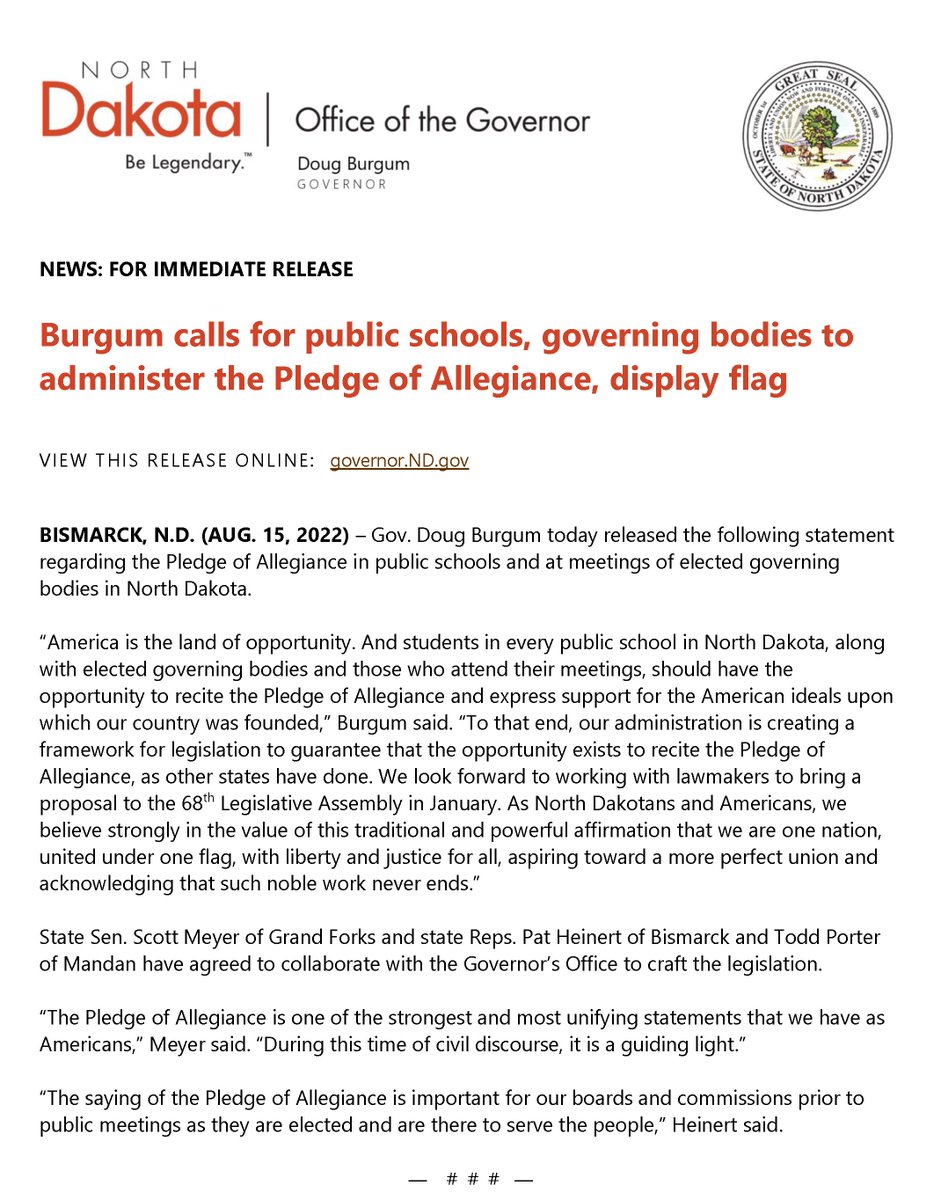 GovDougBurgum's tweet photo. Students in every ND public school, along with elected governing bodies and those who attend their meetings, should have the opportunity to recite the Pledge of Allegiance. We're working with lawmakers to bring forward legislation to make it happen. 

https://t.co/1zWPeTR3CW https://t.co/LIoFiA9auo
