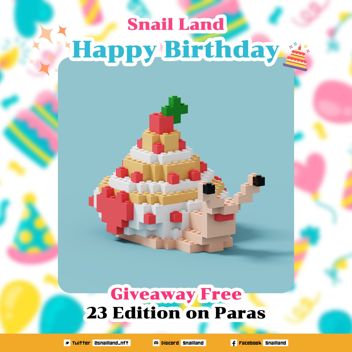 snailland_nft's tweet image. [ Snail Land Happy Birthday - Giveaway Free ]
สวัสดีครับทุกคน วันนี้วันที่ 16/08/22 เป็นวันเกิดเราเอง เราจึงทำตัวทากสายพันธุ์เค้กสตอเบอรี่ออกมา มีทั้งหมด 23 Edition นะฮะ รับน้อนๆไปดูแลกันได้น้าา🍰✨💗
Paras: paras.id/token/x.paras.…

#NFTCommmunity #NFTdrops #Paras #Voxelart #NFT