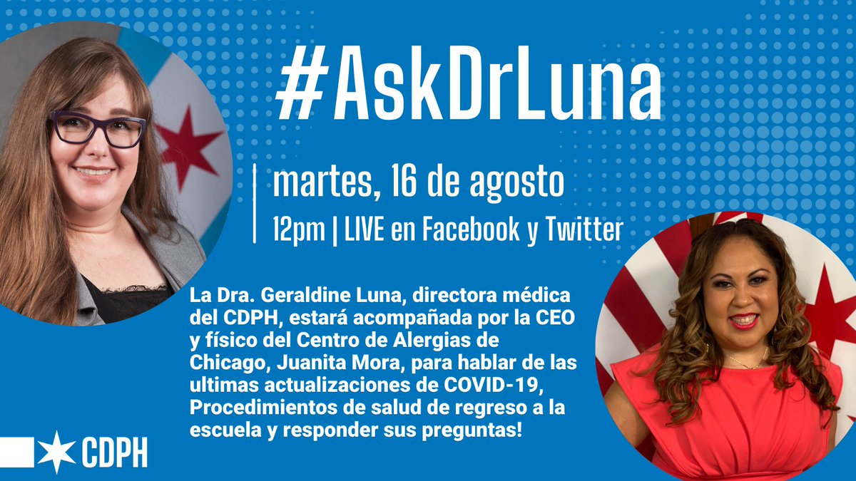Únase mañana a las 12 pm para una discusión muy informativa con la CEO del Centro de Alergias de Chicago, Juanita Mora, sobre las actualizaciones de COVID y las escuelas. Como siempre, el programa se transmitirá en las cuentas de Twitter y Facebook de <a href="/ChiPublicHealth/">CDPH | Chicago Department of Public Health</a>.#AskDrLuna