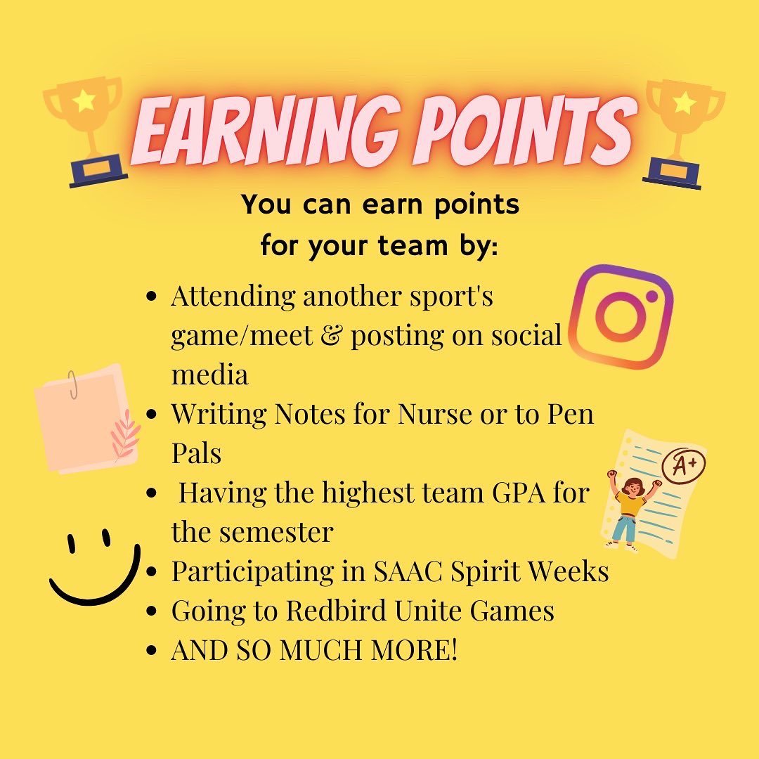 Redbird Cup is back! It’s time to support your community and fellow Redbird student-athletes to earn points for your team! 😆 Stay tuned for point updates throughout the semester!