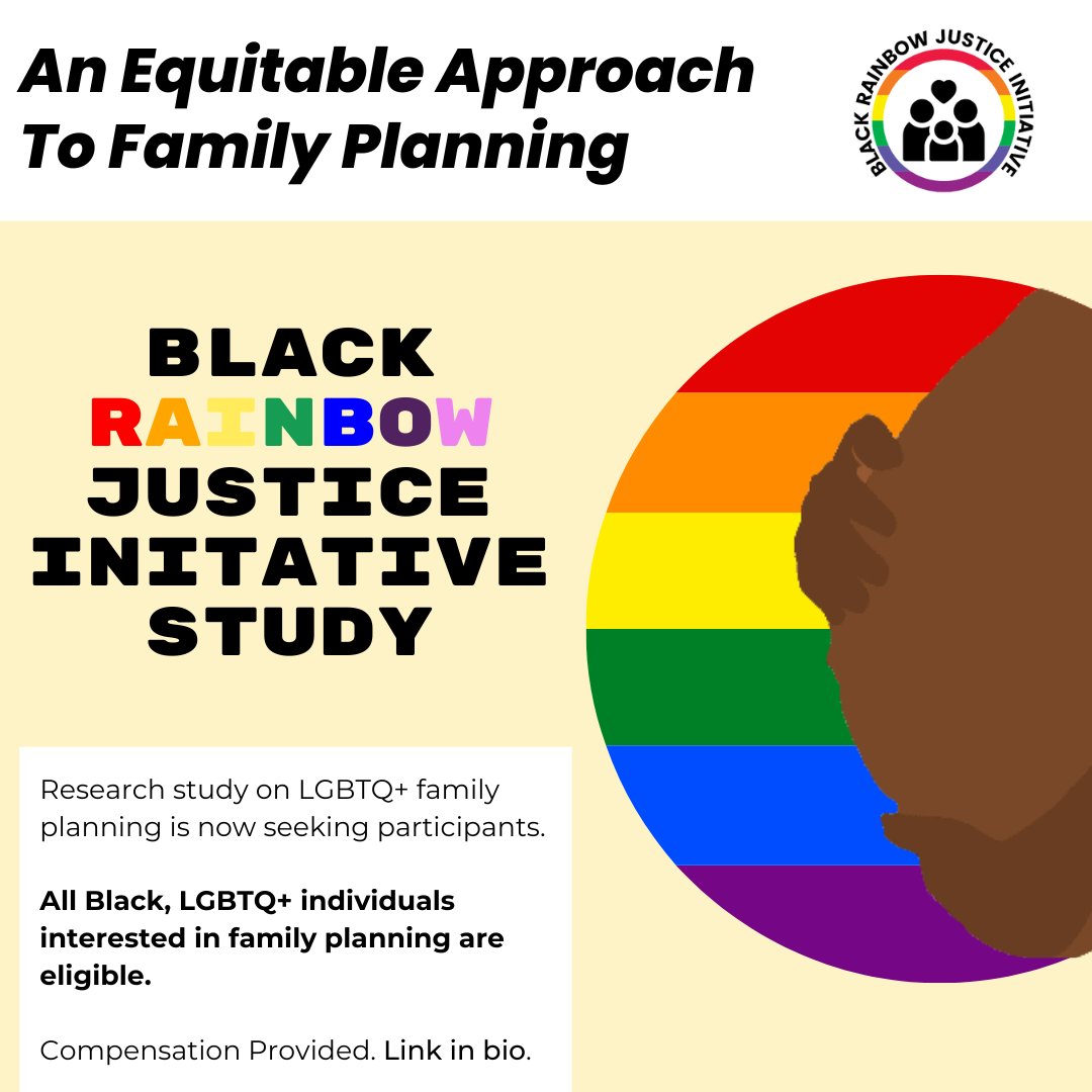 brjistudy's tweet photo. Are you a Black LGBTQ+ individual interested in family planning? Our study is now recruiting participants! Click the link in our bio to learn more #pride #🏳️🌈#blacklgbtqlivesmatter #blacklgbtfamily #lgbtfamilybuilding #research #lgbtresearch https://t.co/Q8qD36WuoH