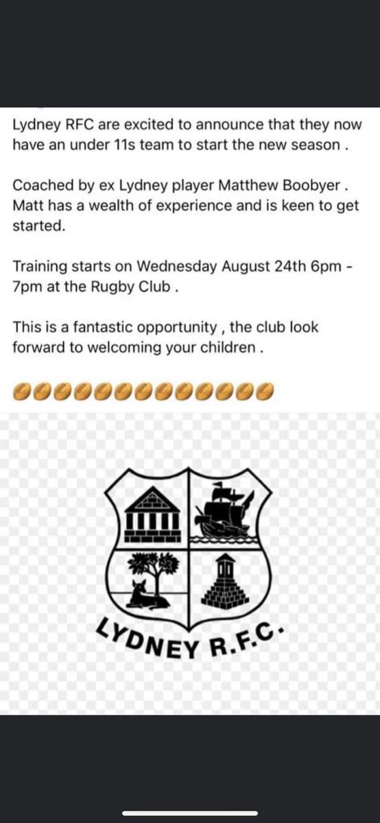 We are pleased to announce we will be running a U11s team this season,

Coached by Ex Lydney 1st team player Matt Boobyer 🏉

Training starts Wednesday 24th August 7pm at Regentsholme.
<a href="/GRFUrugby/">#GRFU</a>
<a href="/swsportsnews/">South West Sports News</a> <a href="/local_rugby/">Local Gloucester Club Rugby</a>

#Driveonlyd #TheSevernsiders