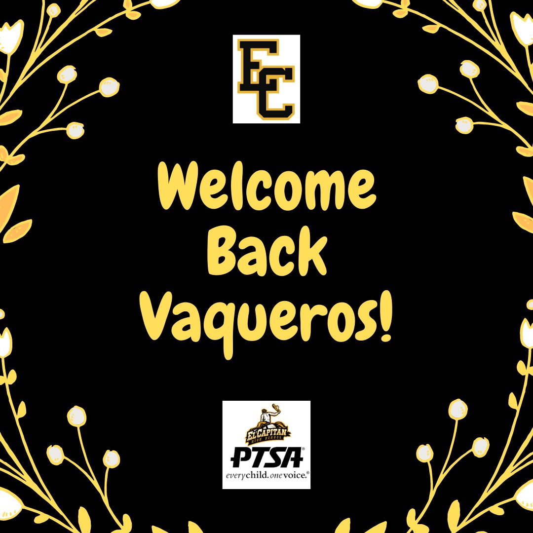 ElCapPtsa's tweet photo. Woohoo!π
Welcome Back Vaqueros!
#JoinElCapPTSA - https://t.co/zgu75GJfd4
#GoECVaqueros https://t.co/uTrUoDNYgy