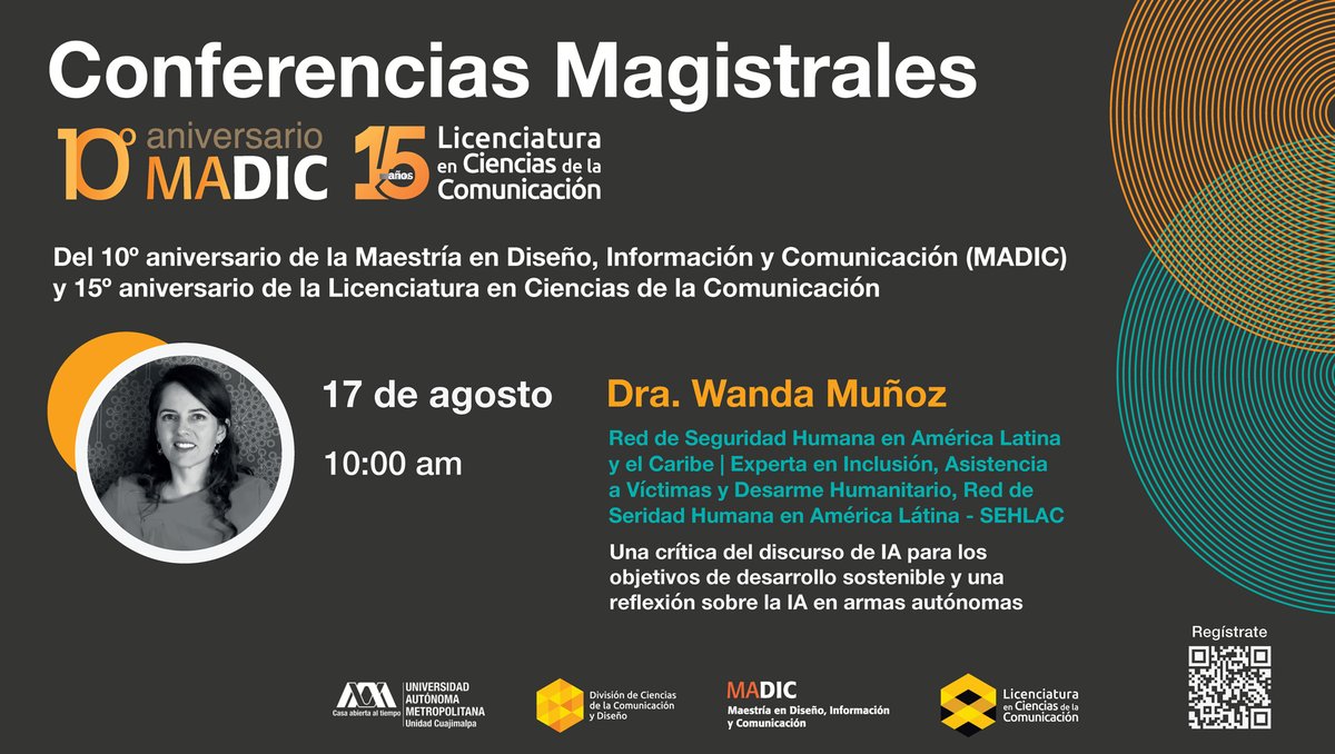 lauammx's tweet photo. La Dra. Wanda Muñoz participará en el Ciclo de conferencias magistrales: 10mo. Aniversario de la Maestría en Diseño, Información y Comunicación
.
🗓 AGOSTO 17
⌚ 10:00 HRS.
▶ Registro: https://t.co/s3ff8QqytA
.
#UAM #SoyUAM #UAMLíderEnConocimiento
#UAMCuajimalpa #MADIC https://t.co/1ySIjr49CI