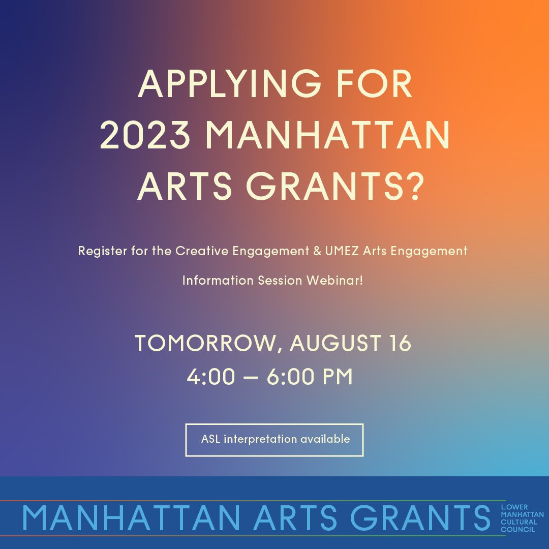 📣Calling all Manhattan-based artists, collectives, and organizations applying for the 2023 Manhattan Arts Grants cycle!

RSVP for the info session: bit.ly/3pkPJAD