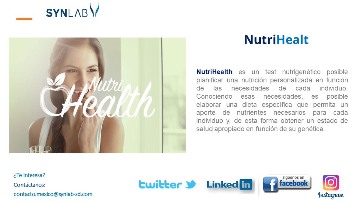NutriHealth 

Es un test nutrigenético que determina los alimentos o nutrientes que debemos incluir en nuestra dieta en función de nuestros genes.
🍒🍉🍇🧀🥖🍓🍏