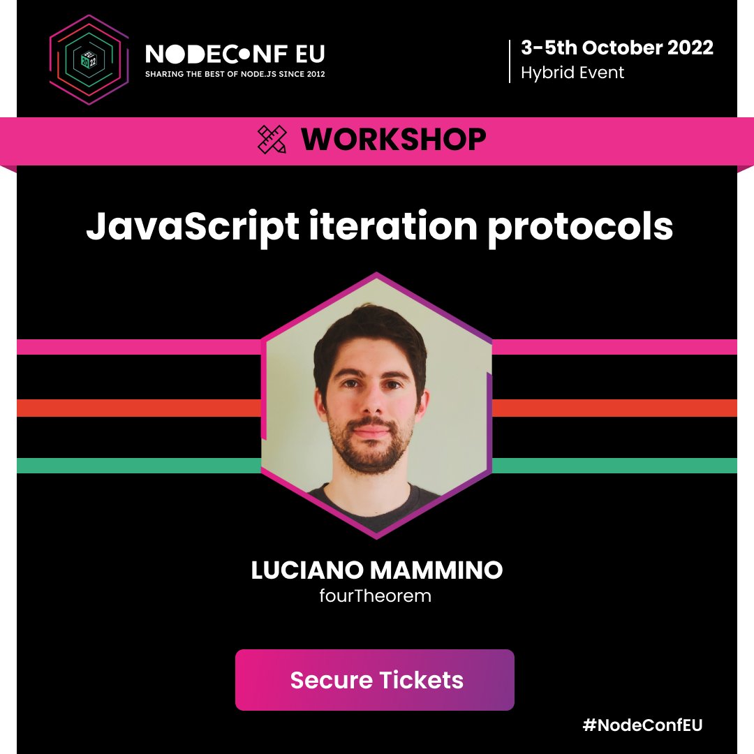 We're delighted to announce our first workshop! 
<a href="/loige/">Luciano Mammino 𝕏 Node.js Design Patterns</a> will present his 1.5-hour JavaScript Iteration Protocols workshop at #NodeConfEU. 
Registrations opening soon. 

Event tickets >> nodeconf.eu 

#nodejs #javascript #opensource