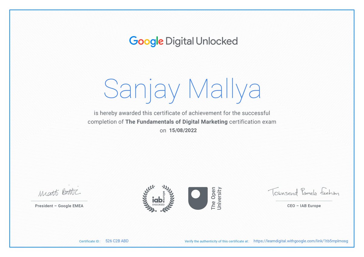 GSanjay_Mallya's tweet photo. I feel happy to share that I've mastered the basics of digital marketing with #Google's Interactive Advertising Bureau-accredited course. Thanks to all Google trainers who created this course. https://t.co/ZH2Yb0bni0
