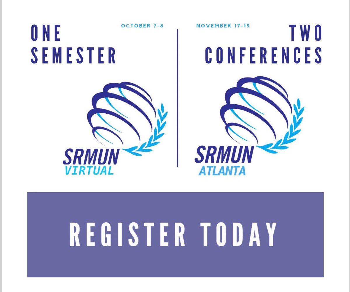 #SRMUNVirtual and #SRMUNATL registration are open! #ModelUN 

Virtual: srmun.org/virtual/r1.php
Atlanta: srmun.org/atlanta/r1.php