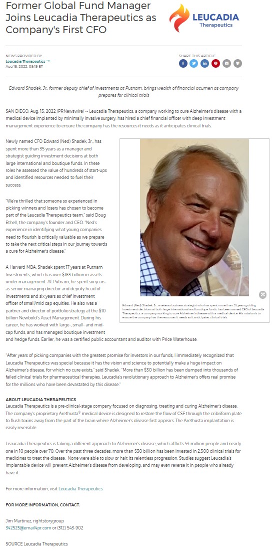 As Leucadia steams toward a 2023 clinical trial of an implantable device to treat early Alzheimer's disease, we are thrilled to have Ned Shadek as our first Chief Financial Officer, aka "the money-whisperer"
lnkd.in/gsTTmFXS
#LeucadiaT #alzheimers #deeplearning #healthTech