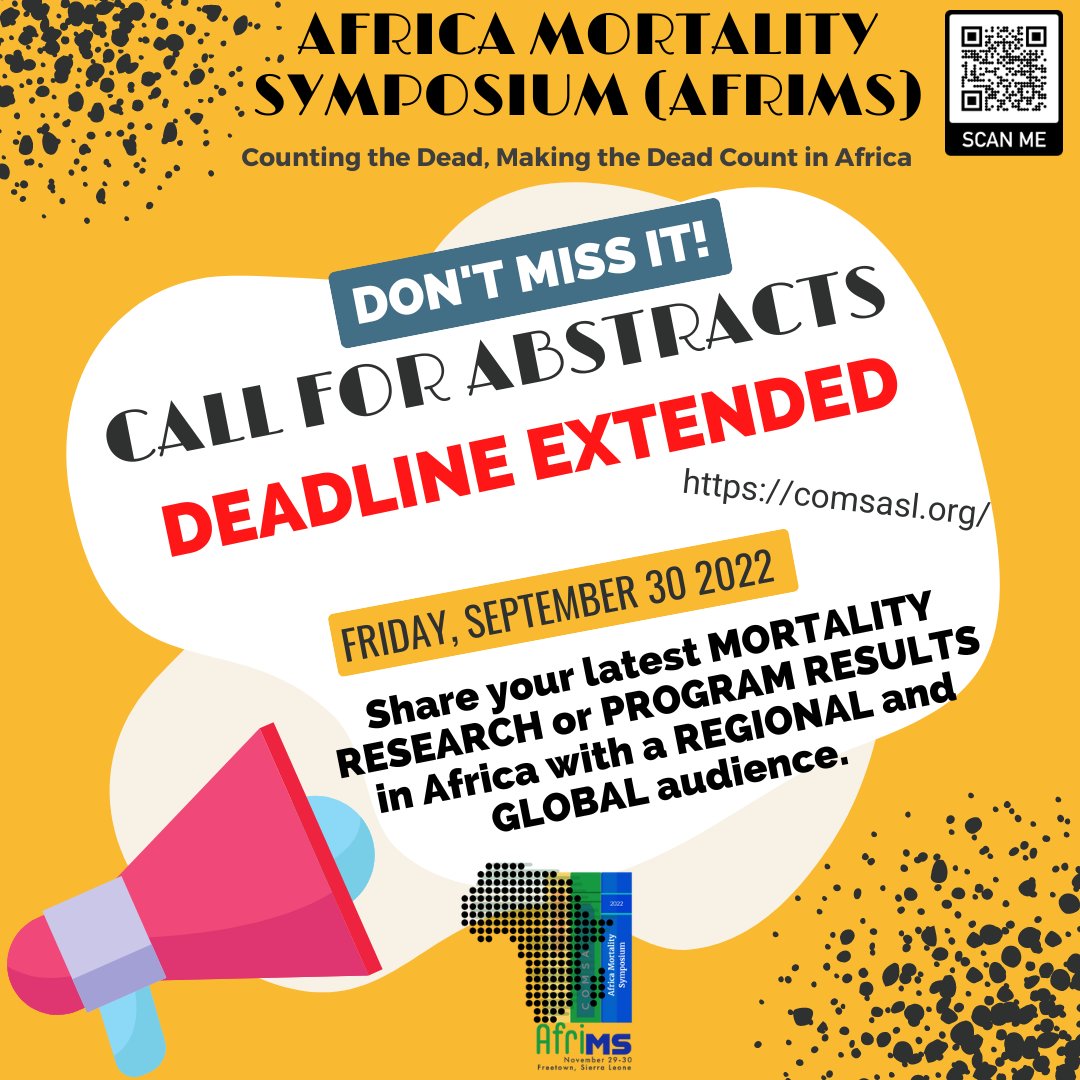 #ANNOUNCEMENT
Abstract submission deadline extended to September 30! Submit your abstracts @ comsasl.org
#globalhealth #mortality #SierraLeone #Africa #education #publichealth #research #healthcare #epidemiology #AfriMS #healthpolicy #government #conference #symposium