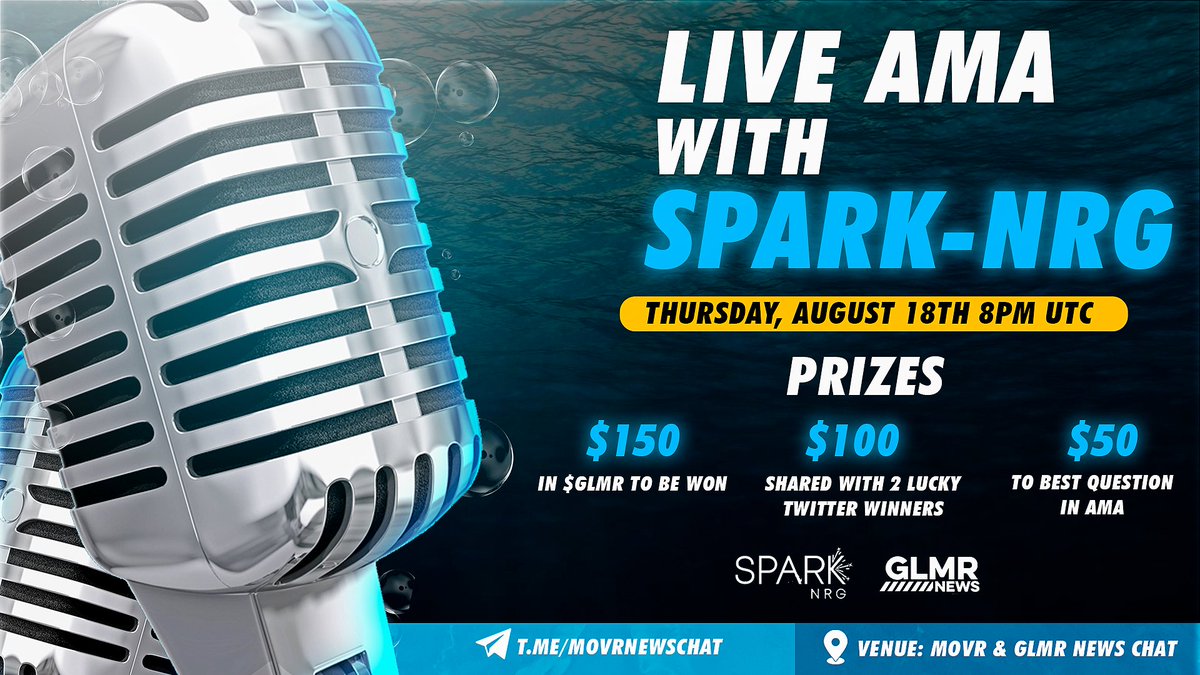 📢We're hosting an #AMA with <a href="/spark_nrg/">SparkNRG</a>

📆Thur, Aug 18th, 8pm UTC

💰$150 in $GLMR to be won🔥

To Participate:

✅Follow <a href="/GlmrNews/">GLMR News</a> &amp; <a href="/spark_nrg/">SparkNRG</a>
✅Tag 3 friends
✅Join: t.me/MOVRNewsChat
✅Like &amp; Retweet

#GLMRnews #GLMR $DOT $ETH $MOVR #Moonbeam #Giveaways #CryptoNews
