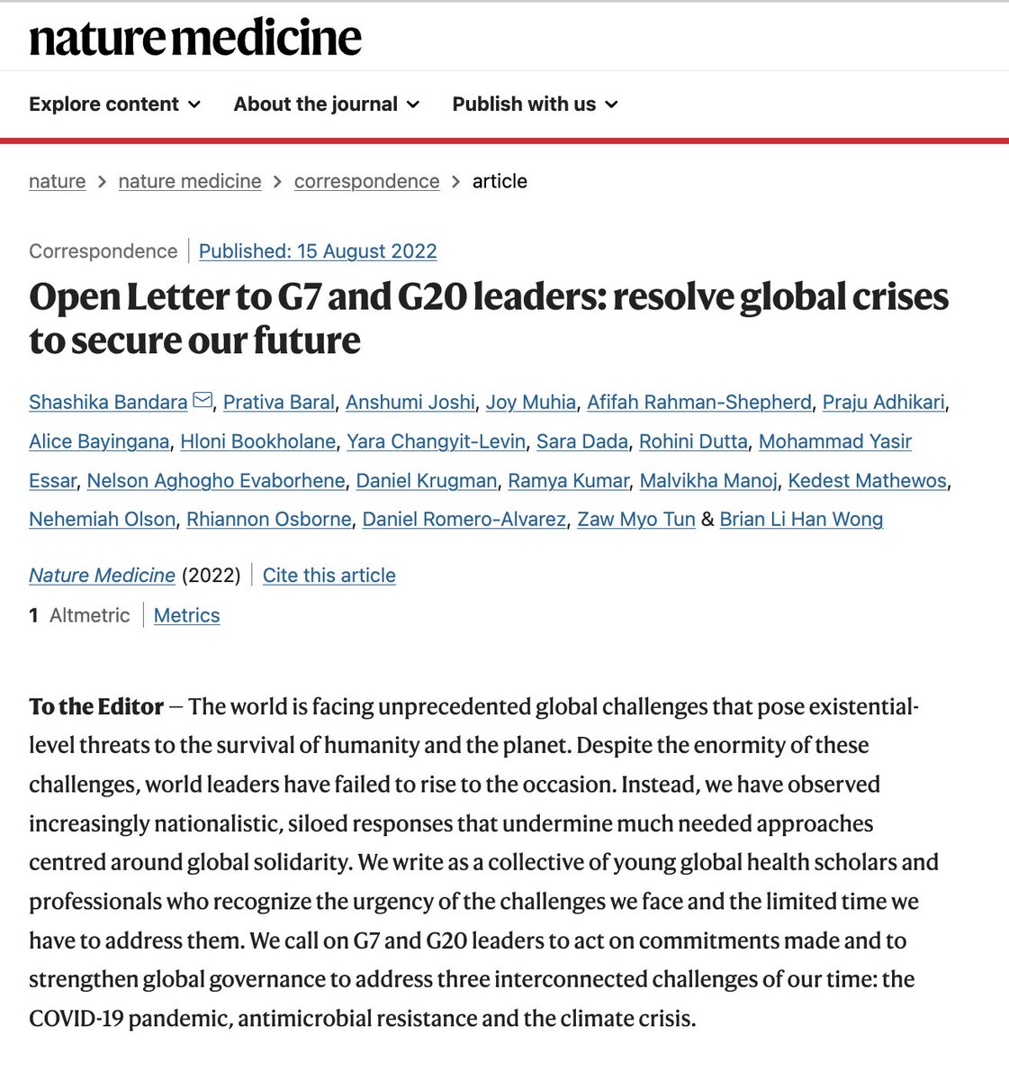 "As the next gen. of #globalhealth leaders, we will hold  leaders of today accountable to their commitments &amp; push for changes to our broken #globalhealthgovernance system."

Read our Open Letter to <a href="/G7/">G7</a> &amp; <a href="/g20org/">G20 South Africa</a> Leaders published today in <a href="/NatureMedicine/">Nature Medicine</a>:
nature.com/articles/s4159…