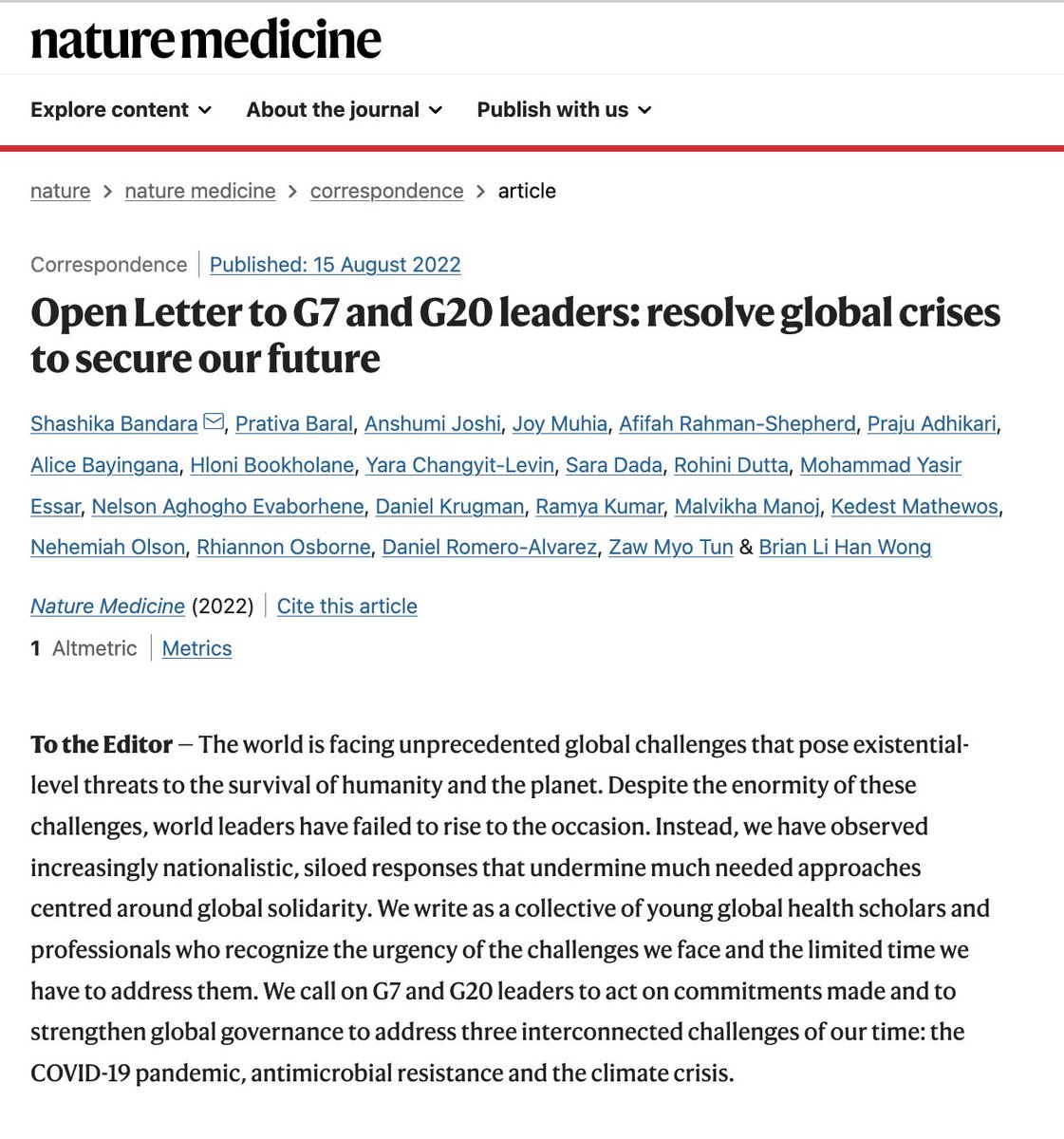 'As the next gen. of #globalhealth leaders, we will hold leaders of today accountable to their commitments & push for changes to our broken #globalhealthgovernance system.' Read our Open Letter to @G7 & @g20org Leaders published today in @NatureMedicine: nature.com/articles/s4159…