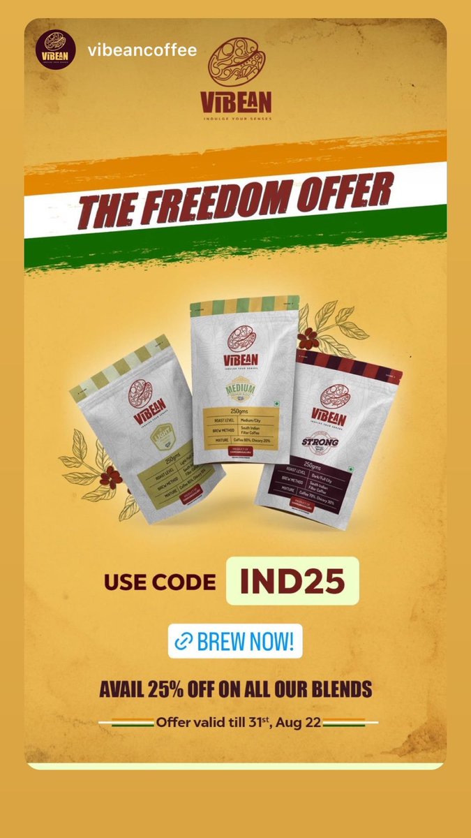 VibeanCoffee's tweet photo. Happy Independence Day. Use Code: IND25 to get 25% off on all our blends. Limited time offer ⏰. Order Now @ https://t.co/CmFRmys5ad

#BreakingNews #IndependenceDay #coffee #bangalore #coffelovers #keepvibean #IndependenceDay2022 #filtercoffee #vocalforlocal https://t.co/DCSpnbVPYg