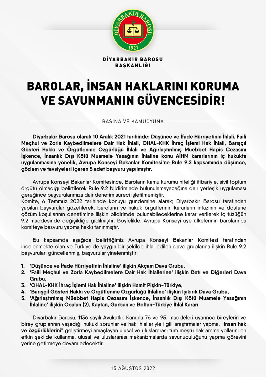 Avrupa Konseyi Bakanlar Komitesi, Baromuzun yaptığı başvurular üzerine Rule 9.2’de değişikliğe giderek; Avrupa Konseyi üye ülkelerinin barolarına AİHM kararlarının iç hukukta uygulanması için Komiteye başvuru yapma hakkı tanınmıştır.