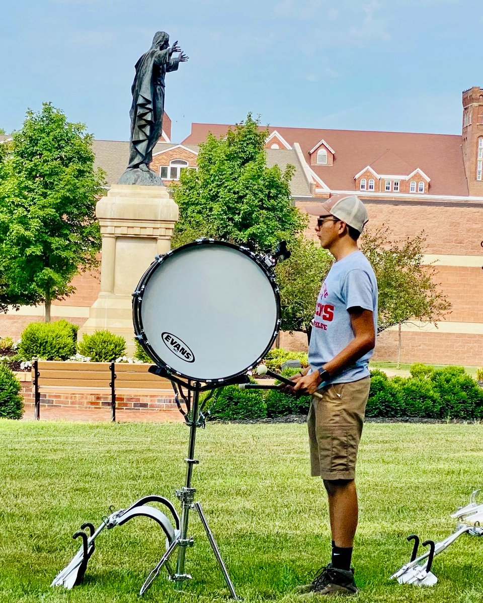 Marching onward! The Raven Regiment, Benedictine's Marching Band, ignited parade-like excitement across Raven Memorial Park as they carefully practiced. "It's not a marching band, it's a family," they say. Visit benedictine.edu/athletics/band…. #WhereGreatnessBegins
