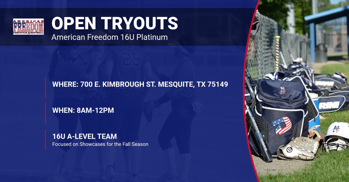 16uAFPRWB's tweet photo. American Freedom 16U Platinum is having an open tryout THIS Saturday the 20th in Mesquite, Tx. Coaches are previous collegiate athletes and current high school coaches (Head Coach and Varsity Assistant). 
If this sounds like something for you come see us this Saturday @8am! https://t.co/qfei25NhpD
