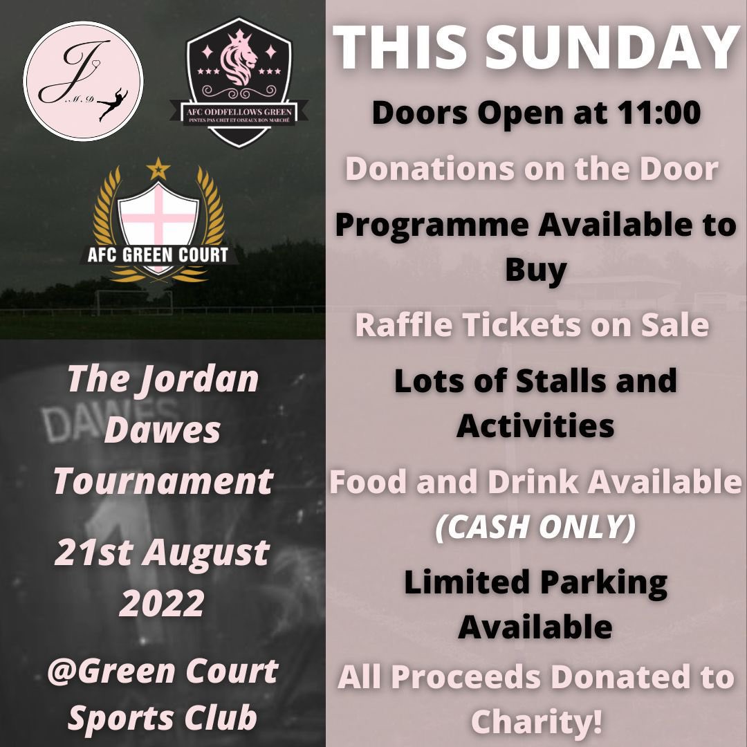 Our annual Jordan Dawes Tournament takes place this Sunday!! 

It’ll be great to see as many of you there as possible so if you are free on Sunday please come down and join us for an afternoon of fundraising and football! #ForJordan 

1/3