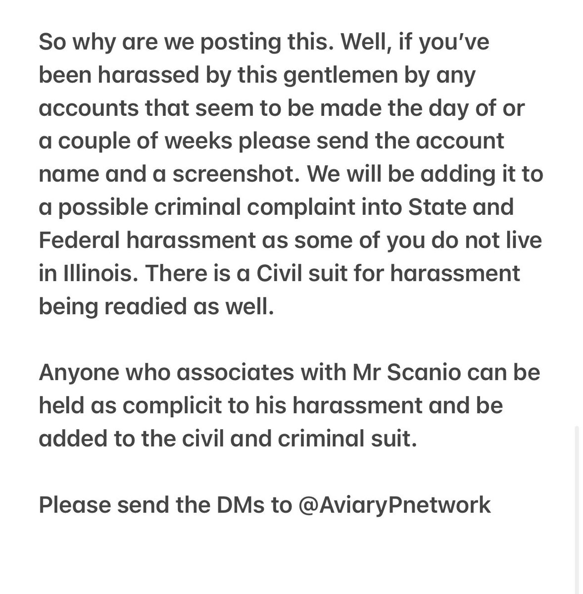 avillanueva3rd's tweet photo. If you have been a victim of this gentlemen as his numerous handles that he’s made. Please contact the @AviaryPNetwork. We will be releasing a tell all soon. If you associate with this gentlemen please know you are complicit to his online abuse of others. https://t.co/wN2J88ysyr