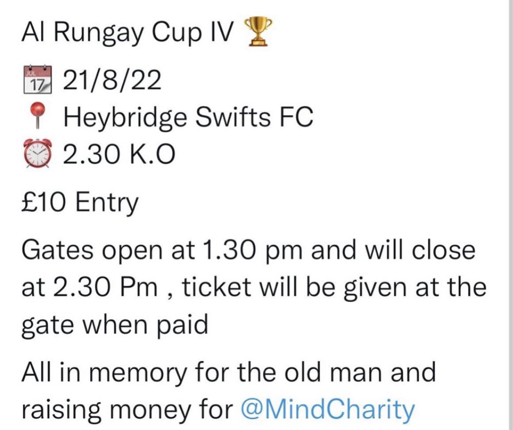 Come down this Sunday to Heybridge Swifts FC to show support in memory of our former gaffer Alex Rungay and to support <a href="/MindCharity/">Mind</a>. 
Bar open all day, competitive football and live DJ. What more do you want?!