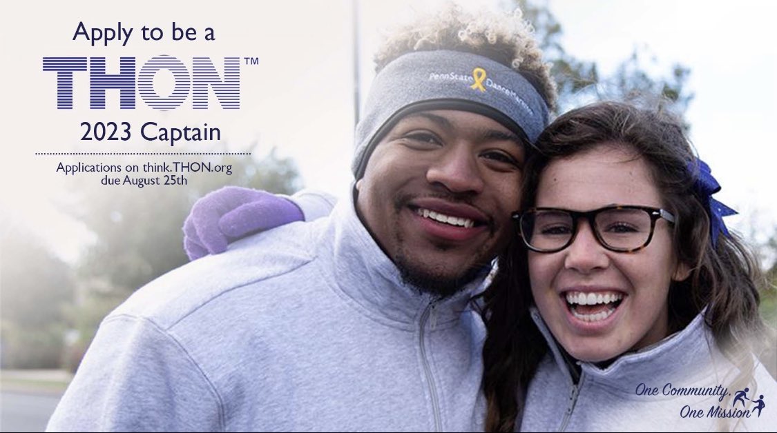 THON's tweet photo. Applications to be a THON 2023 Captain are now LIVE! They are due online at https://t.co/SuOy0SIfnS by 5pm on August 25th. Follow the link in our bio to join us in the fight against childhood cancer. #OneCommunityOneMission https://t.co/ByXkq4F5dZ