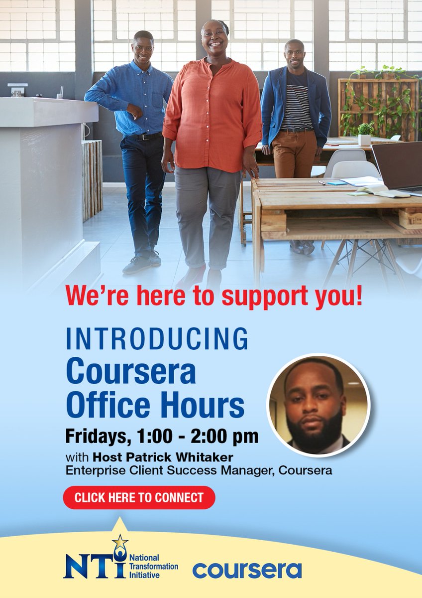 NTI-COURSERA Office Hours continue this and every Friday from 1:00 - 2:00 pm. Join us to get the support you need and one-on-one assistance with Coursera Enterprise Client Success Manager, Patrick Whittaker. To join the session, click the following link:   us06web.zoom.us/j/81838017174?…