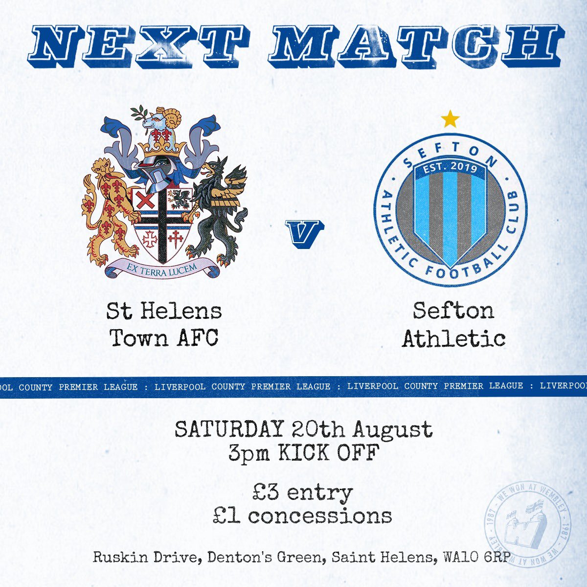 🔵⚪️HOME🔵⚪️
📍<a href="/ruskinsthelens/">Ruskin St Helens</a> 
🗓Sat 20th August 
🤝 @AFCSefton 
🎟£3 / £1 concessions

Join us for the first home game of the season #TellinsTown #StHelens #ExTerraLucem #StHelensTogether #nonleague <a href="/whatsonsthelens/">Whats On in StHelens</a> <a href="/StHelensUnltd/">st helens unlimited</a> @JohnnyHamo <a href="/SFTO_pod/">⚽️🎙Straight From The Off🎙 ⚽️</a>