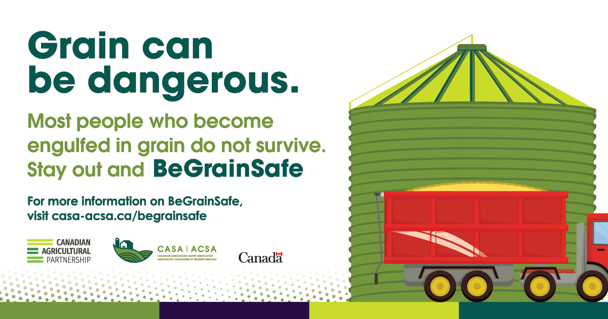 Aug. 15-21 is #BeGrainSafe Week. #DYK, it takes just seconds to become engulfed in grain? More grain safety info is available here: casa-acsa.ca/begrainsafe 

#agsafety #farmsafety #westcdnag #abfarming