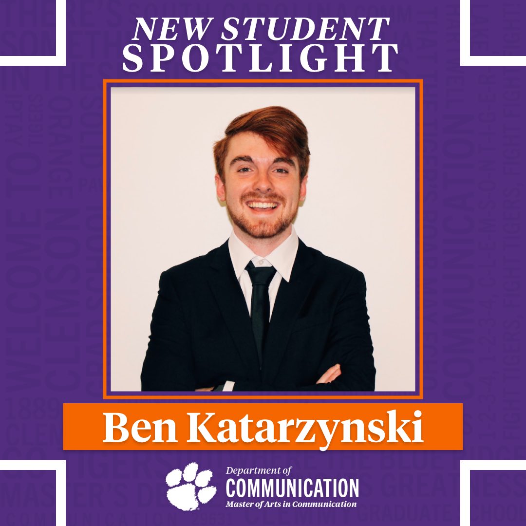 ClemsonMAComm's tweet photo. Meet Ben Katarzynski! Ben is from Greenville, South Carolina, and has a BA in Communication with a minor in Film Studies from @ClemsonUniv. His research interests include media, technology, cultural studies, film, and especially reality television. https://t.co/qJvyT06cCd