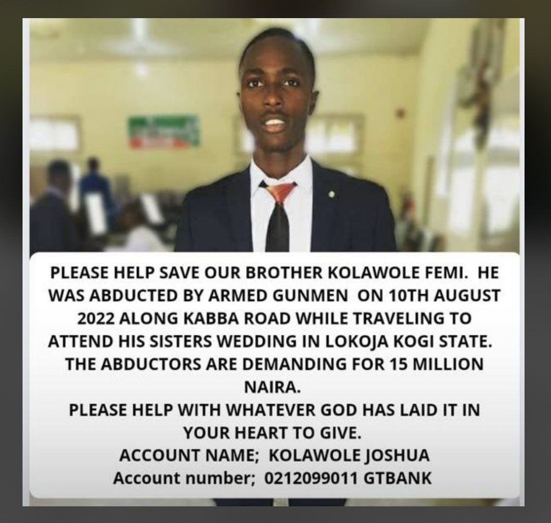 wesleysoftskin's tweet photo. His sister’s wedding was last Saturday that just passed, his abductors are threatening to kill him and post on YouTube if the ransom isn’t paid. Please as much as we covet your prayers nothing is to small .#DLconversations 
#SaveFemi https://t.co/qnlonMqDKt