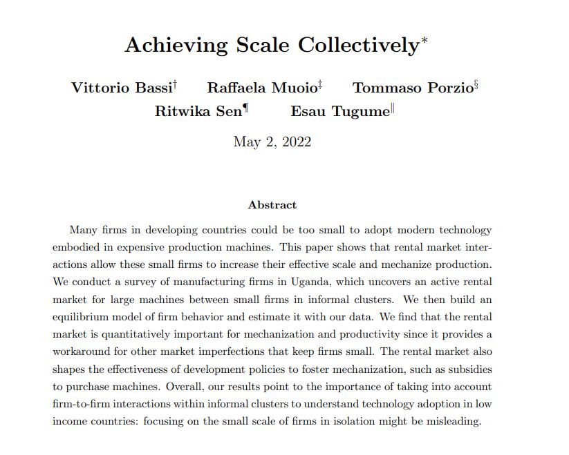 ecmaEditors's tweet photo. How do small firms in low income countries manage to adopt technology? Even if each firm is too small to buy large machines, a thick rental market allows them to achieve scale collectively and mechanize production @PorzioTommaso @bassi_vittorio @RitwikaSen
https://t.co/jl9651Njs9 https://t.co/SptZCff80t