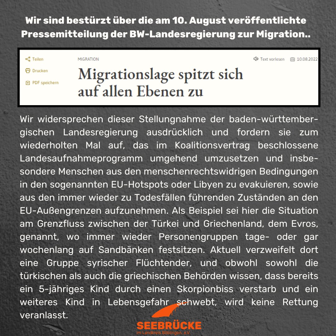 SBoblingen's tweet photo. Am 10.8. veröffentliche die @RegierungBW eine Pressemitteilung unter der populistischen Überschrift "Migrationslage spitzt sich auf allen Ebenen zu" und äußert darin geradezu AfD-nahe Positionen. Wir widersprechen &amp; fordern die sofortige Umsetzung des #Landesaufnahmeprogramm. B! https://t.co/JWweNOV7oa